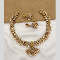Joyful Jewel Art Matte Gold Plated Pota Stone And Pearls Temple Necklace Set