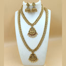 Joyful Jewel Art Matte Gold Plated Pota Stone And Pearls TempleDouble Necklace Set