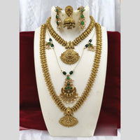 Joyful Jewel Art Matte Gold Plated Pota Stone And Pearls Temple Combo Necklace Set