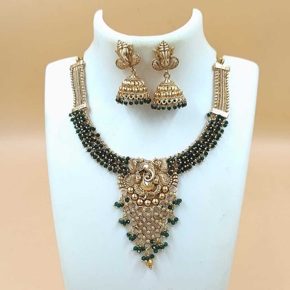 Joyful Jewel Art Matte Gold Plated Pota Stone Lord Ganesha Temple Necklace Set