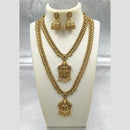 Joyful Jewel Art Matte Gold Plated Pota Stone And Pearl Temple Double Necklace Set