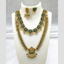 Joyful Jewel Art Matte Gold Plated Pota Stone And Pearl Temple Double Necklace Set