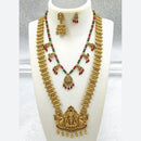 Joyful Jewel Art Matte Gold Plated Pota Stone And Pearl Temple Double Necklace Set