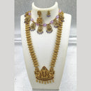 Joyful Jewel Art Matte Gold Plated Pota Stone And Pearl Temple Double Necklace Set