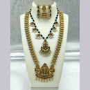 Joyful Jewel Art Matte Gold Plated Pota Stone And Pearl Temple Double Necklace Set