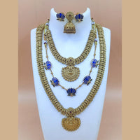 Joyful Jewel Art Matte Gold Plated Pota Stone Temple Long And Short Necklace Set