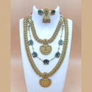 Joyful Jewel Art Matte Gold Plated Pota Stone Temple Long And Short Necklace Set