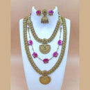 Joyful Jewel Art Matte Gold Plated Pota Stone Temple Long And Short Necklace Set