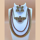 Joyful Jewel Art Matte Gold Plated Pota Stone And Pearl Temple Double Necklace Set