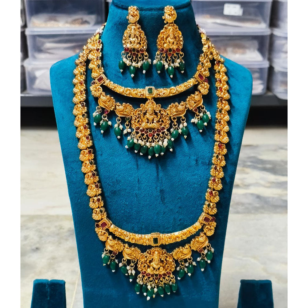 Joyful Jewel Art Matte Royal Look Pota Stone And Temple Double Necklace Set