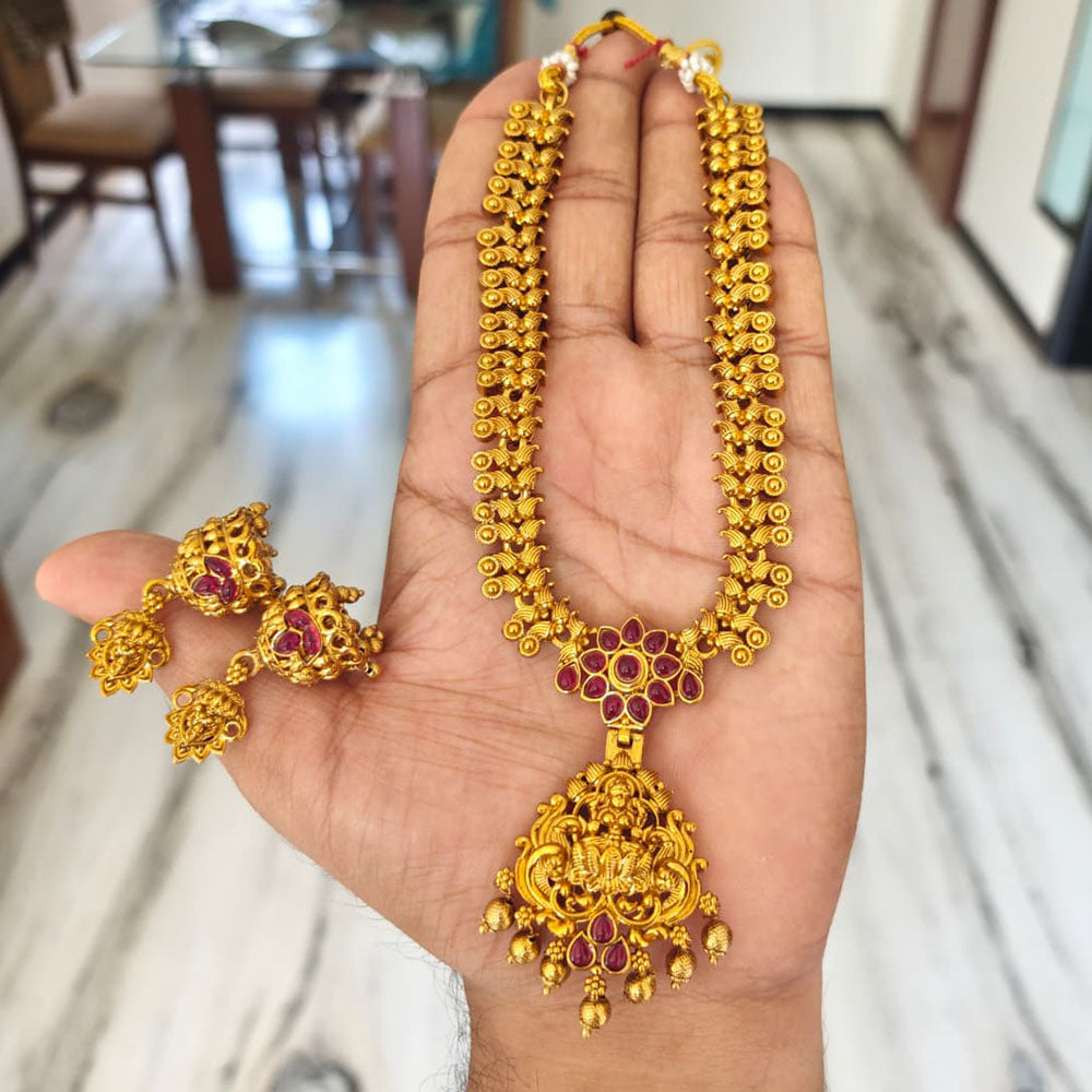 Joyful Jewel Art Traditional Matte Pota Stone And Pearl Temple Necklace Set