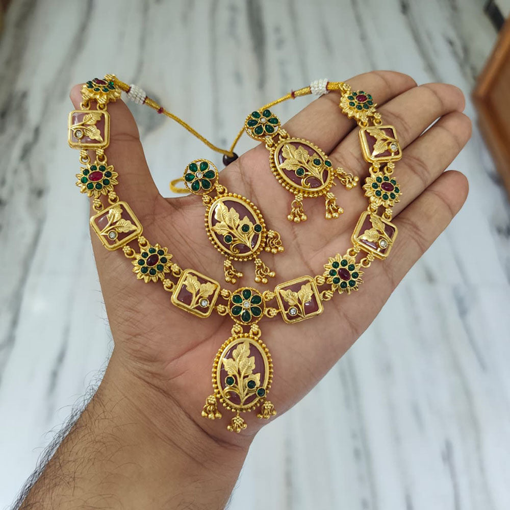 Joyful Jewel Art Traditional Matte Pota Stone And Pearl Necklace Set