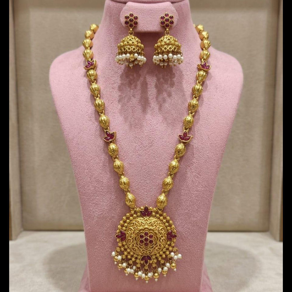 Joyful Jewel Art Traditional Matte Pota Stone And Pearl Temple Long Necklace Set