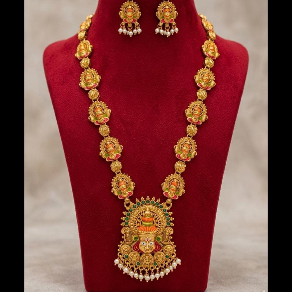 Joyful Jewel Art Traditional Matte Pota Stone And Pearl Temple Long Necklace Set