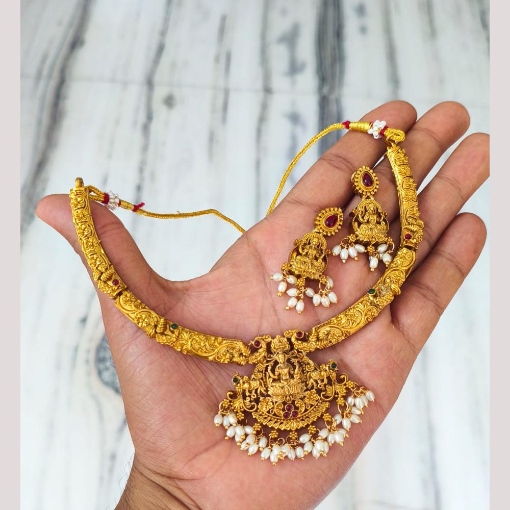 Joyful Jewel Art Traditional Matte Pota Stone And Pearl Temple Necklace Set