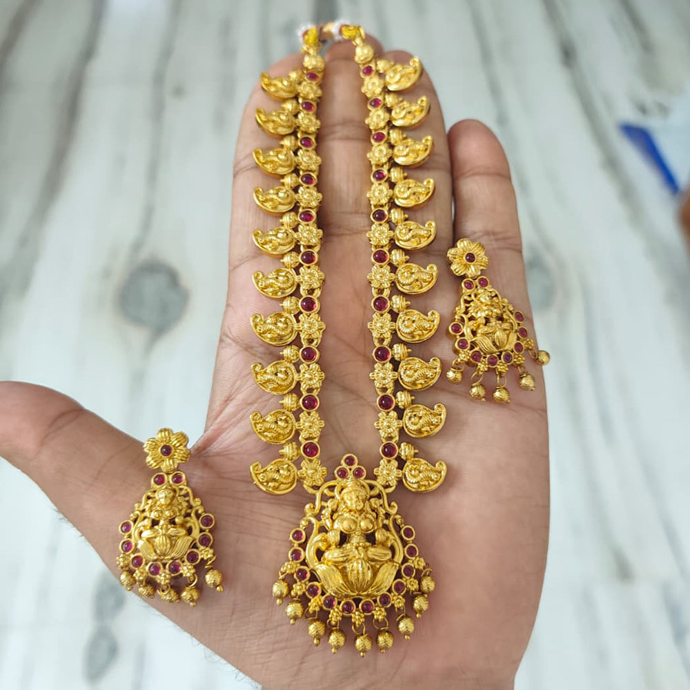 Joyful Jewel Art Traditional Matte Pota Stone And Pearl Temple Necklace Set