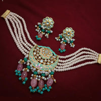 Amoliya Jewels Gold Plated Kundan Stone And Beads Meenakari Choker Necklace Set