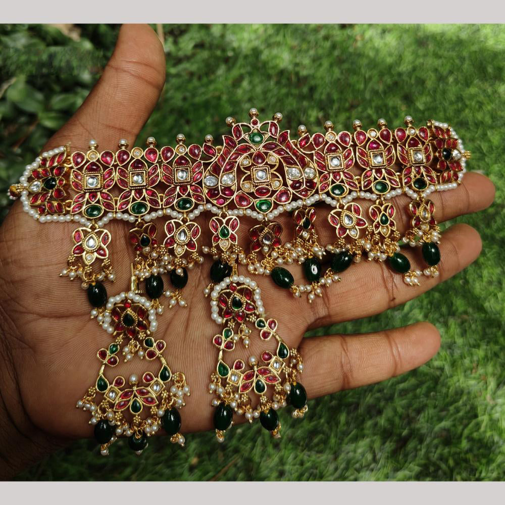 Amoliya Jewels Gold Plated Kundan And Pota Stone Beads Choker Necklace Set 