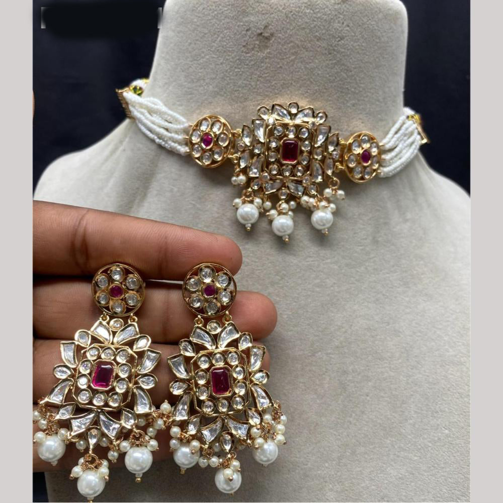 Amoliya Jewels Gold Plated Polki Kundan And Pearls Choker Necklace Set 