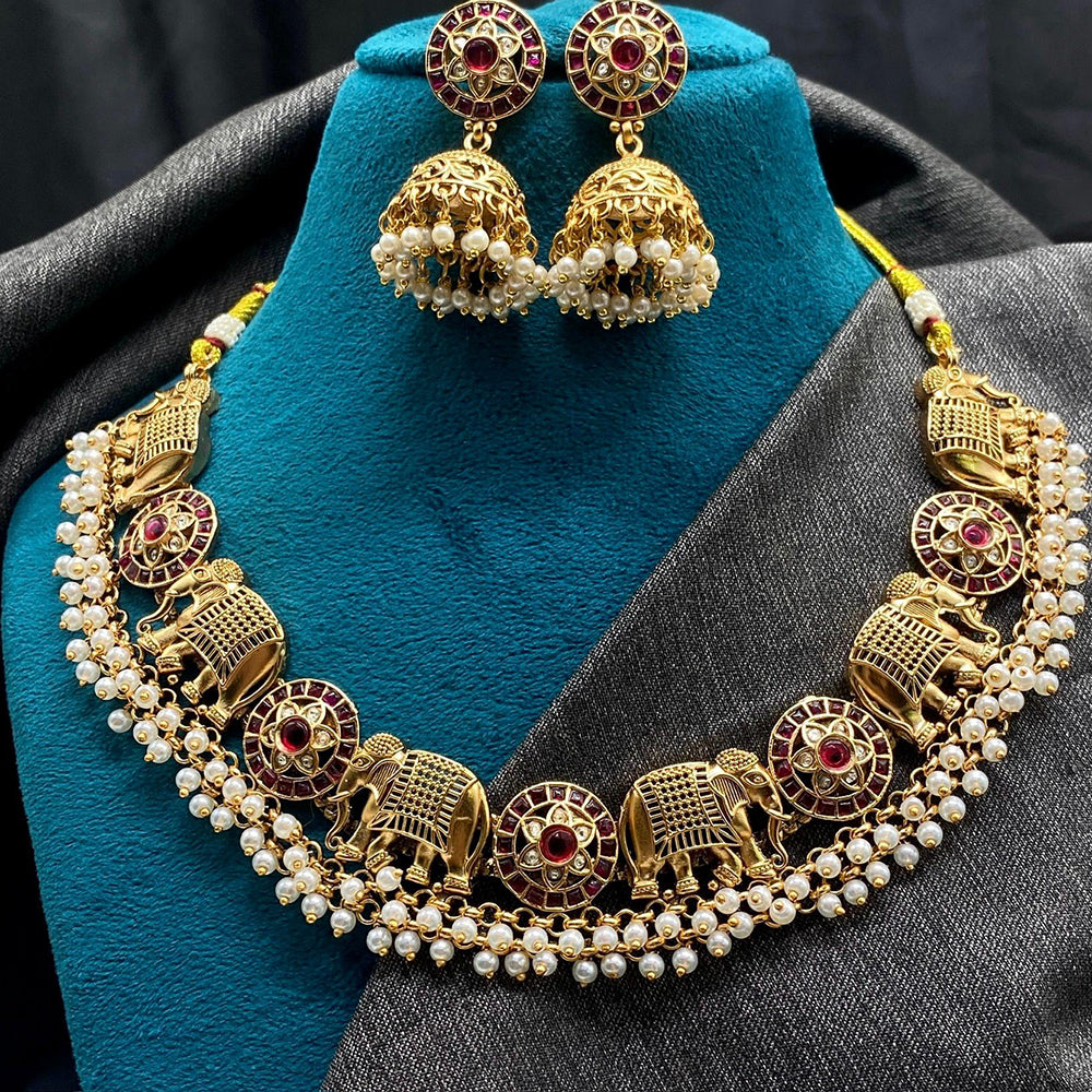 Amoliya Jewels Forest Royalty Pota Stone And Pearl Elephant Charm Necklace Set 