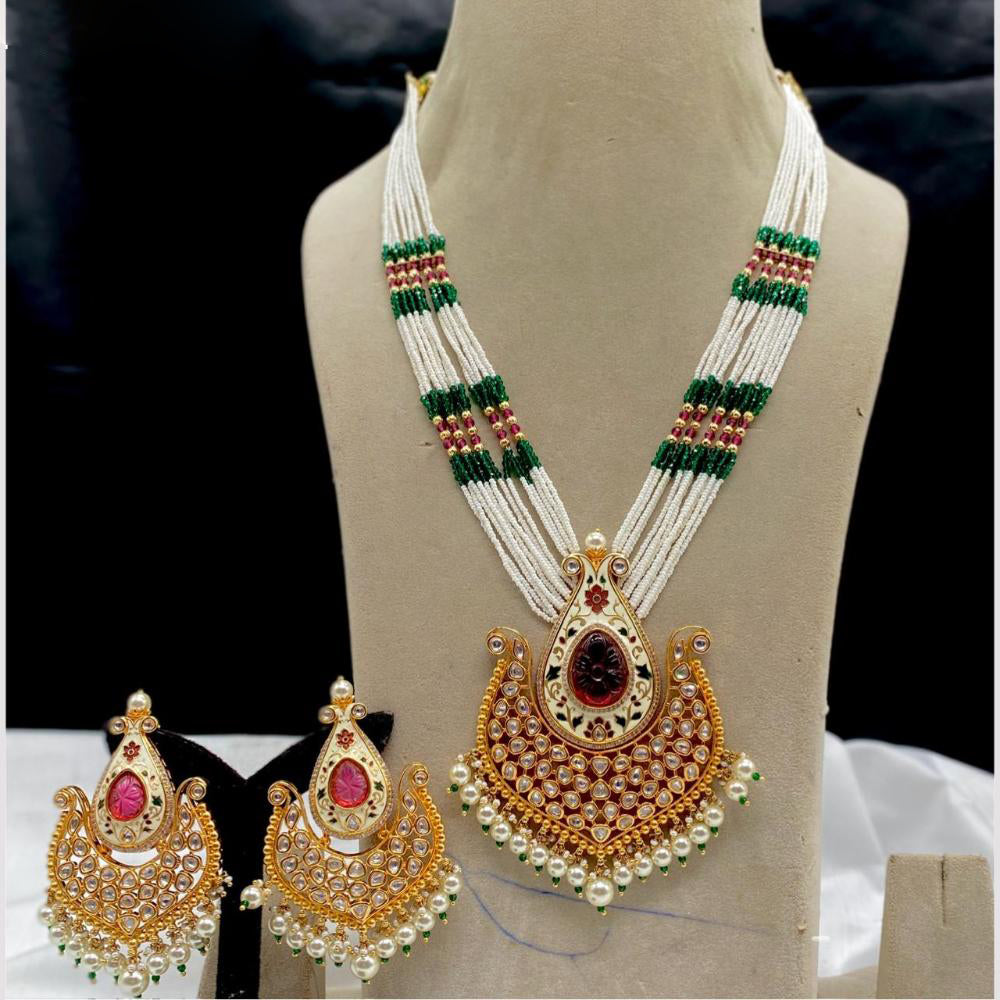 Amoliya Jewels Bridal Luxe Polki Kundan And Pearl  Design Meenakari  Long Necklace Set 