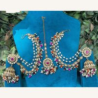 Amoliya Jewels Designer Pota Stone Pearl And Crystal Jhumki Set With Maangtikka