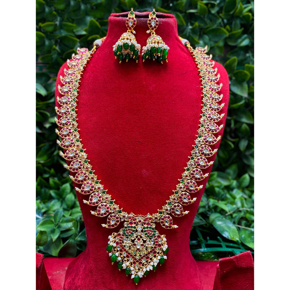 Amoliya Jewels Designer Pota Stone And Pearl And Beads Long Necklace Set