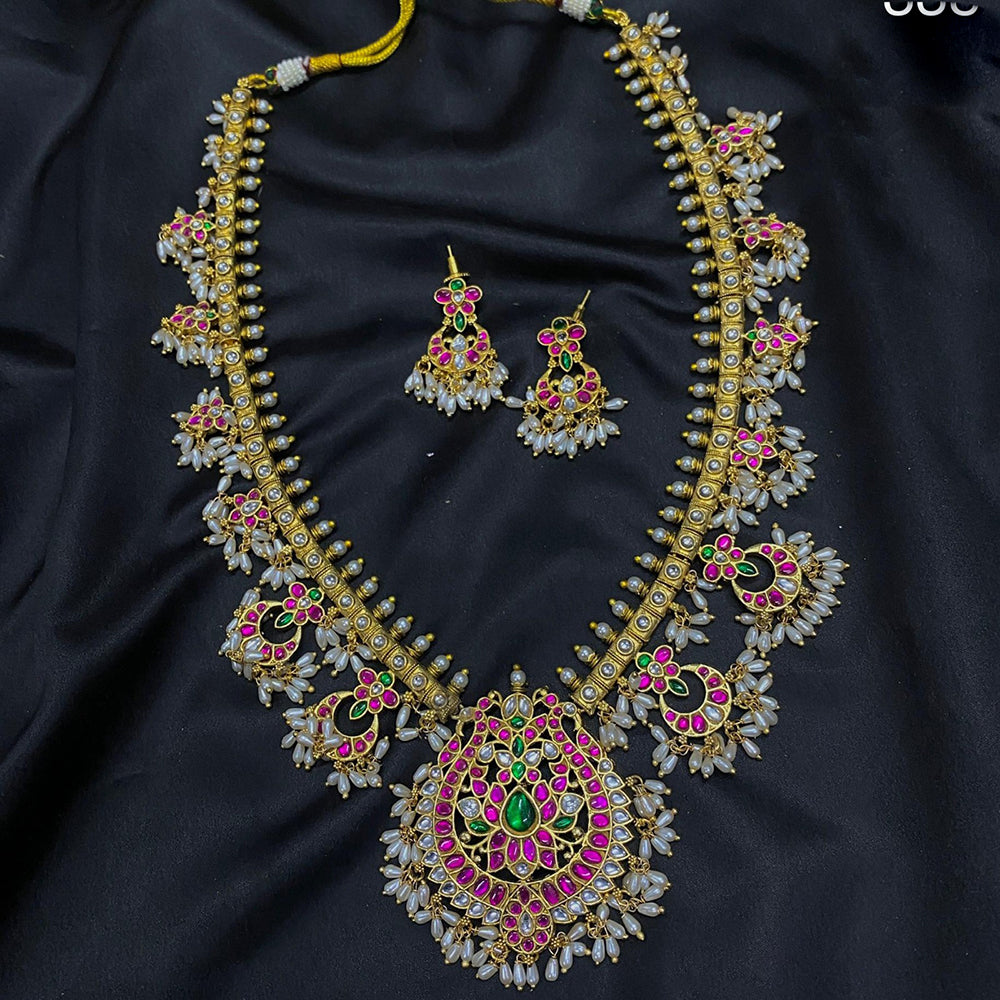 Amoliya Jewels Designer Pota Stone And Pearl And Beads Long Necklace Set