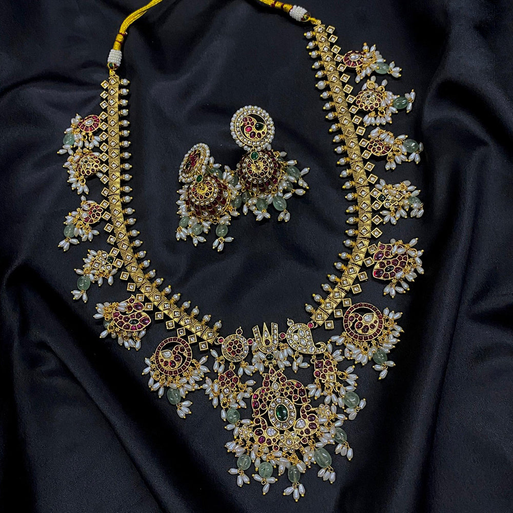 Amoliya Jewels Designer Pota Stone And Pearl And Beads Long Necklace Set