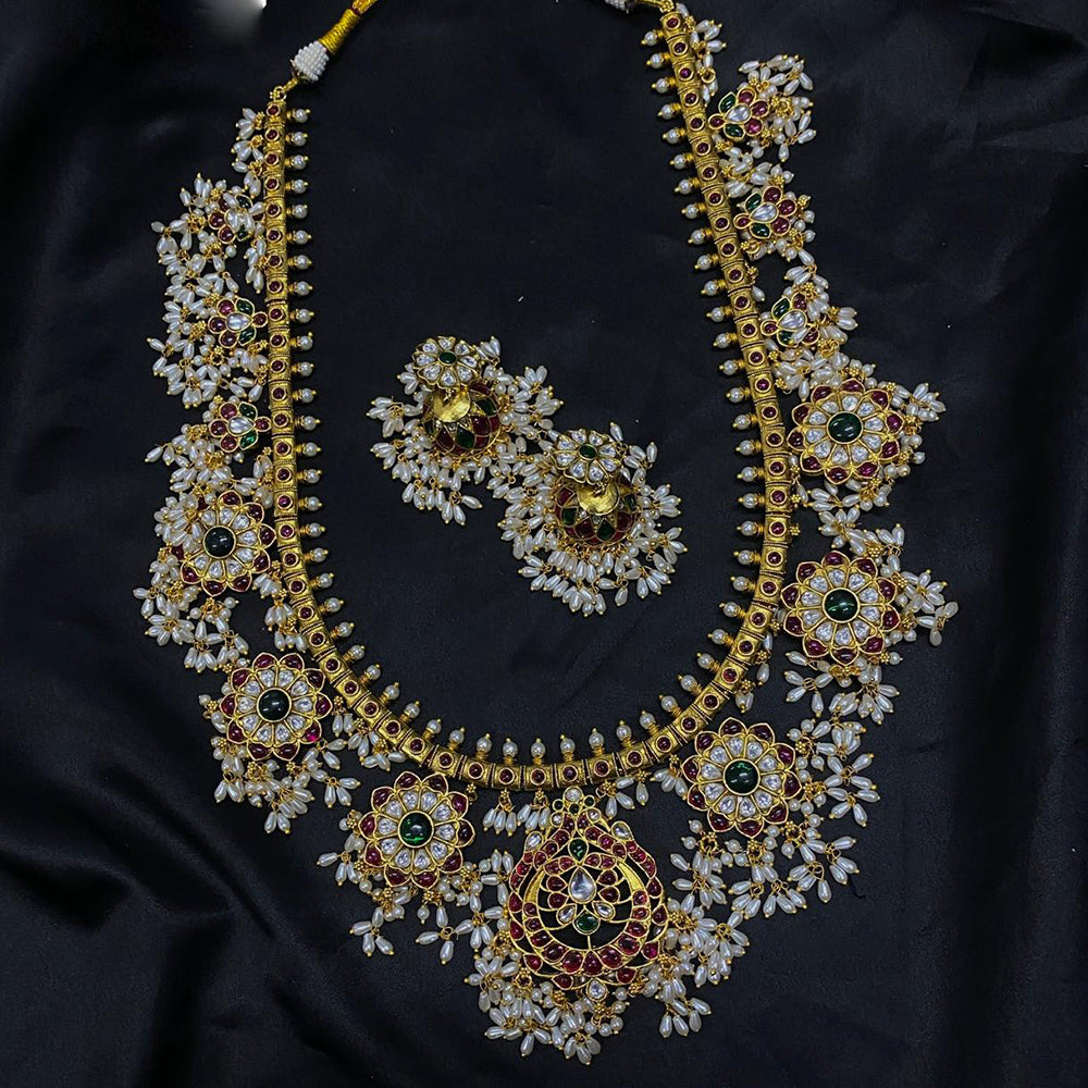 Amoliya Jewels Designer Pota Stone And Pearl And Beads Long Necklace Set