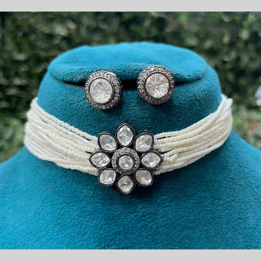 Amoliya Jewels Royal Black Polish Polki Kundan Stone And Pearl Choker Necklace Set