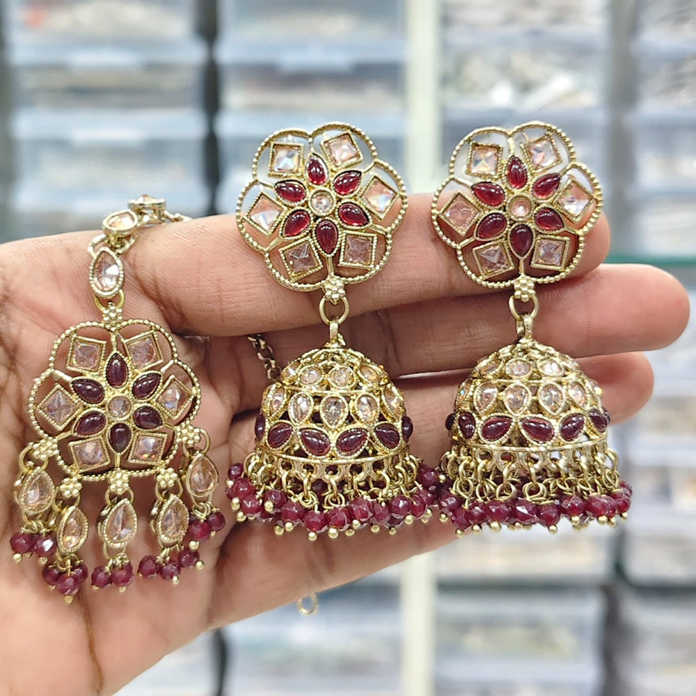Rajwadi Collection Royal Heritage Crystal And Pearl Jhumki Earrings With Maangtikka