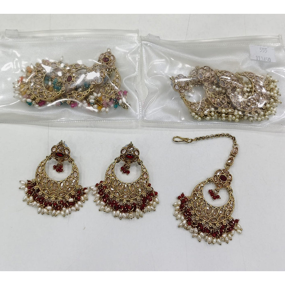 Rajwadi Collection Premium Shine Crystal And Pearl Dangler Earrings With Maangtikka