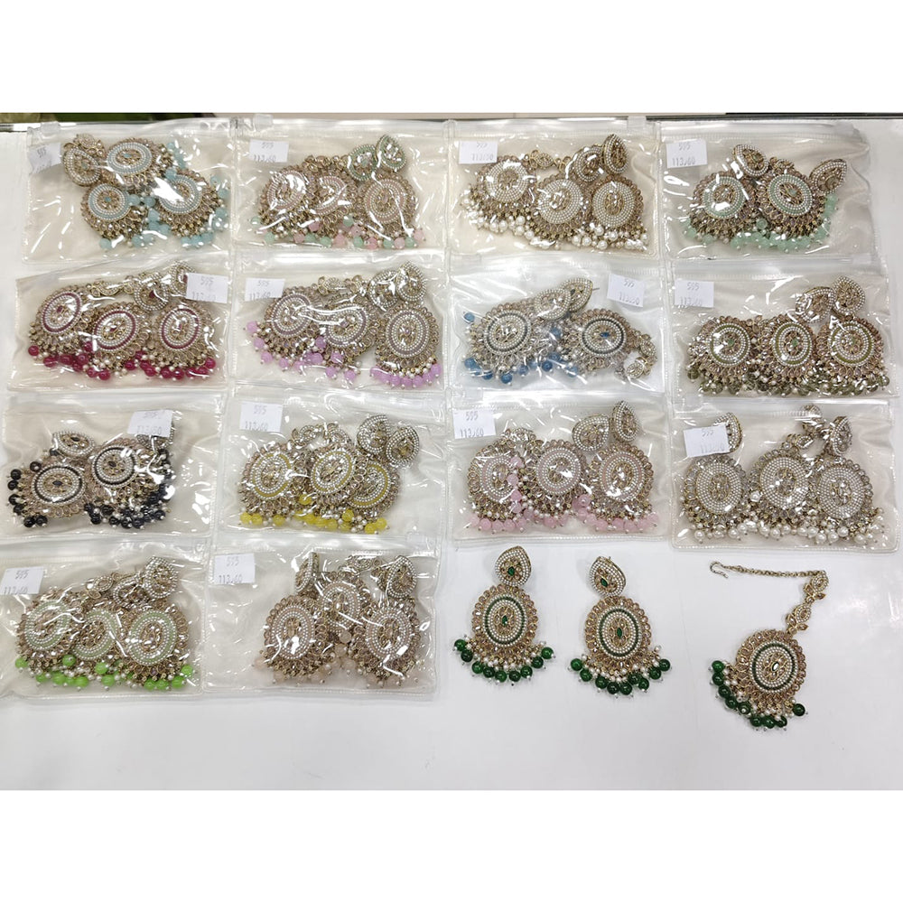 Rajwadi Collection Premium Shine Crystal And Pearl Dangler Earrings With Maangtikka