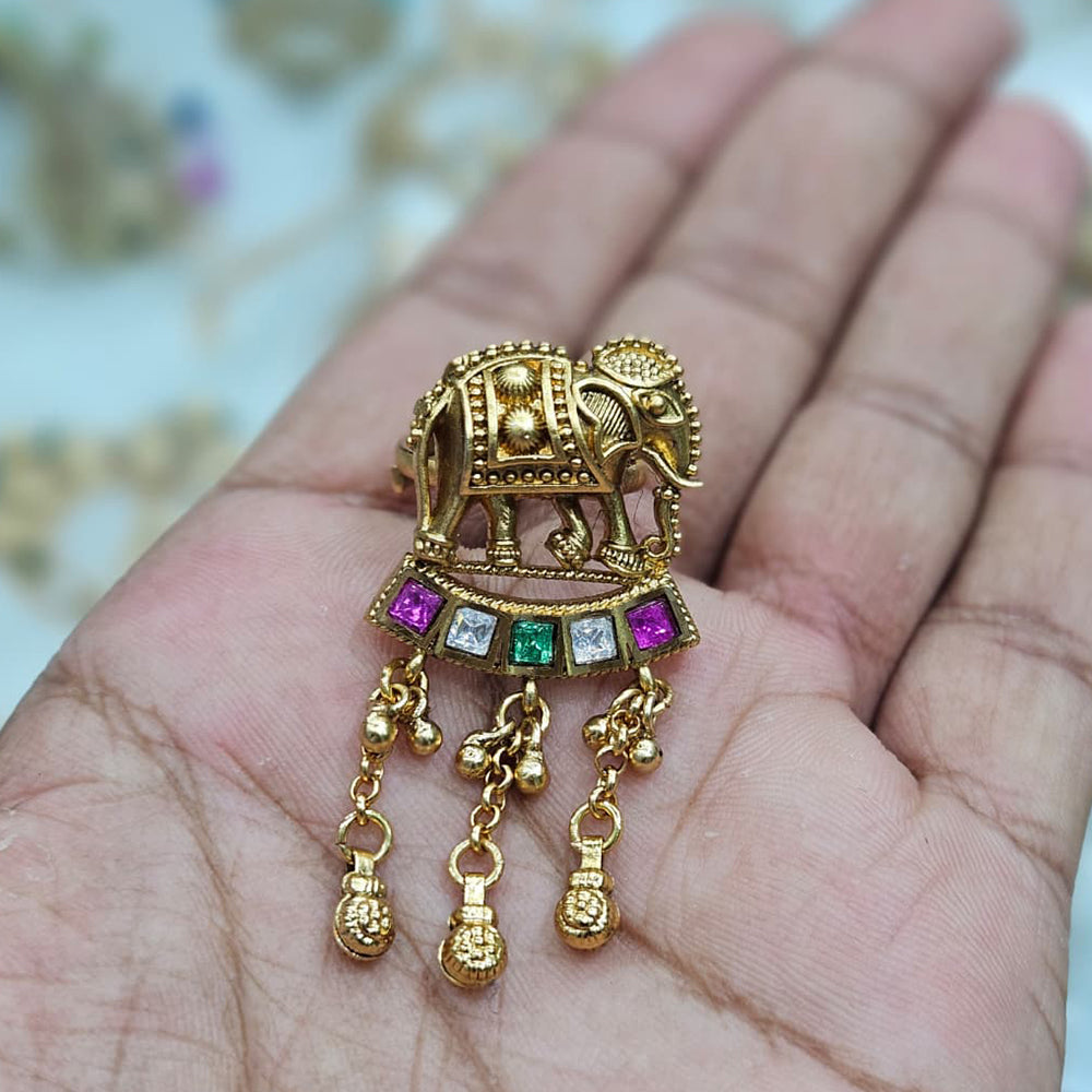 Rajwadi Collection Antique Finish Pota Stone And Pearl Elephant Motif Ring