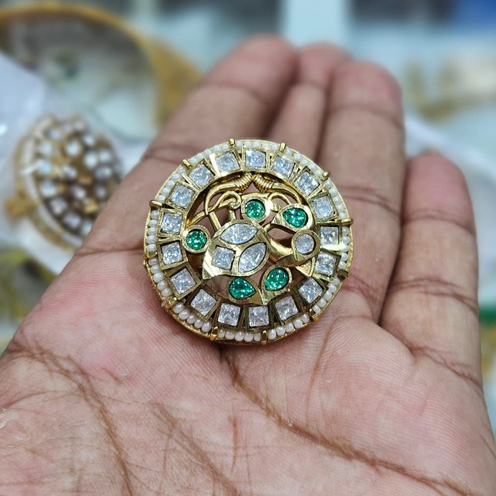 Rajwadi Collection Antique Finish Crystal Stone And Pearl Finger Ring