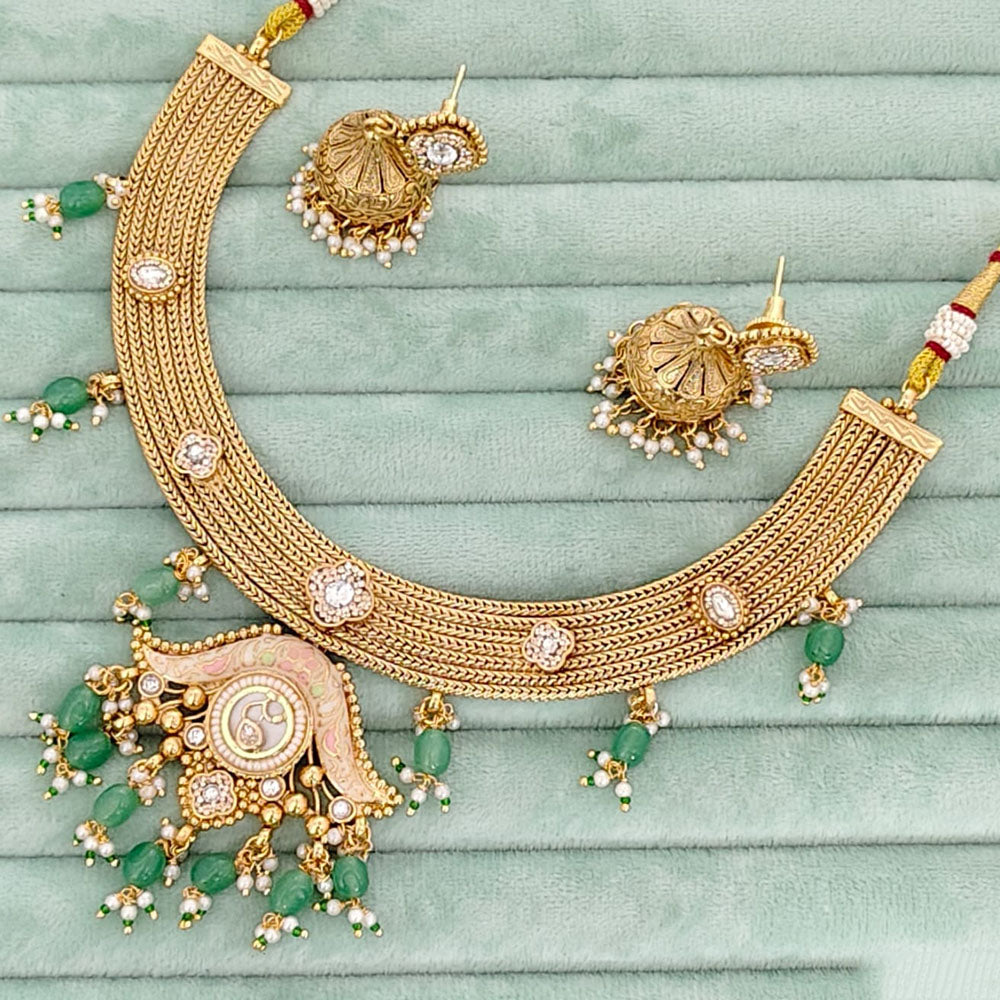 Rajwadi Collection Traditional Meenakari Pota Stone & Pearl Necklace Set