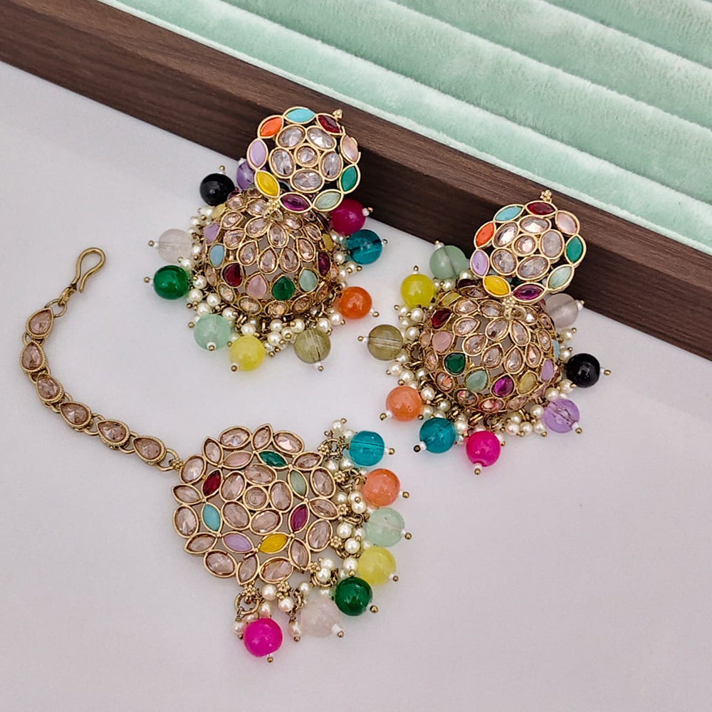 Rajwadi Collection Heritage Crystal And Pearl Jhumki Earrings With Maangtikka