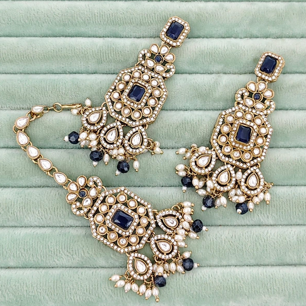Rajwadi Collection Premium Pota Stone And Pearl Dangler Earrings with Maangtikka