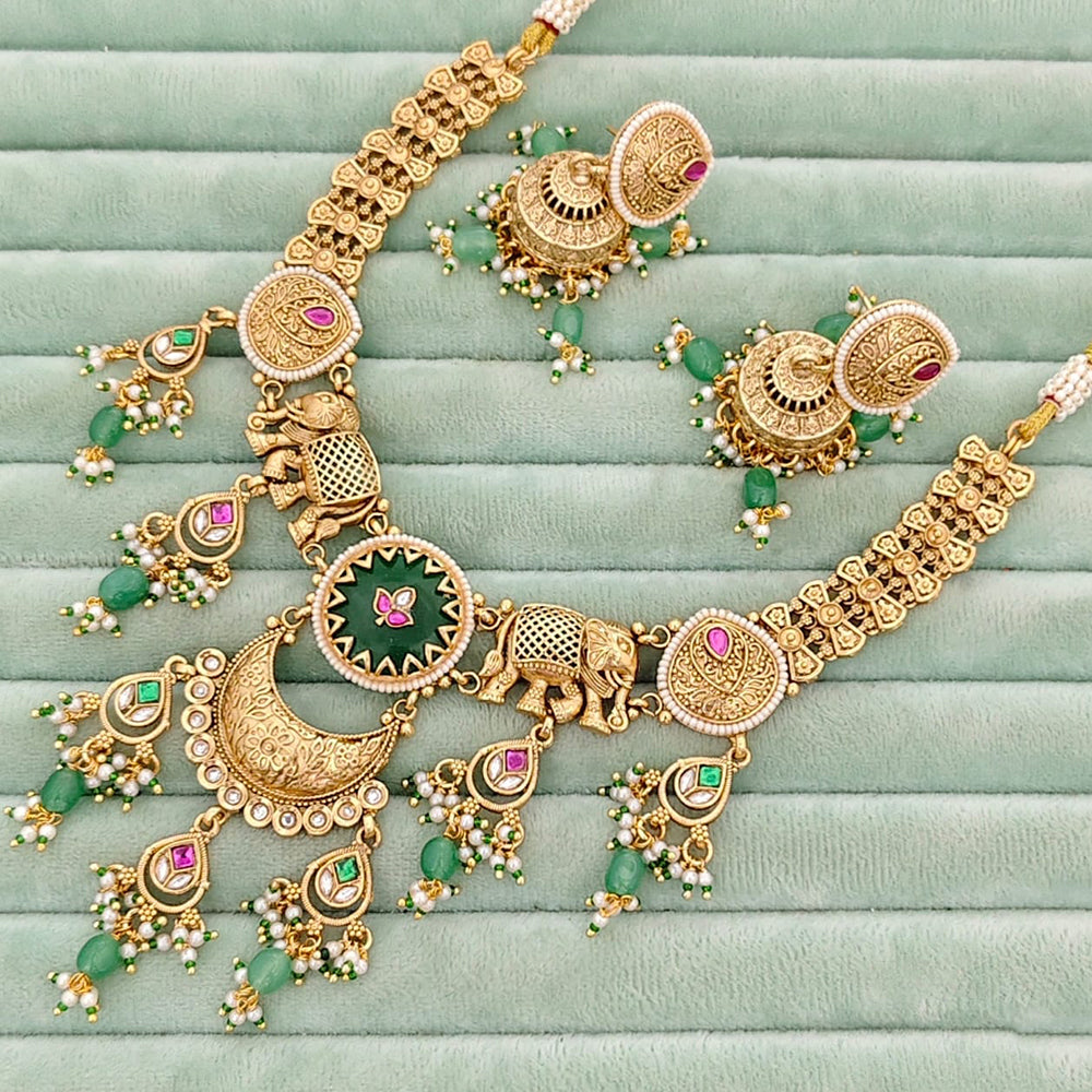 Rajwadi Collection Ethnic Elephant Motif Pota Stone And Pearl Necklace Set