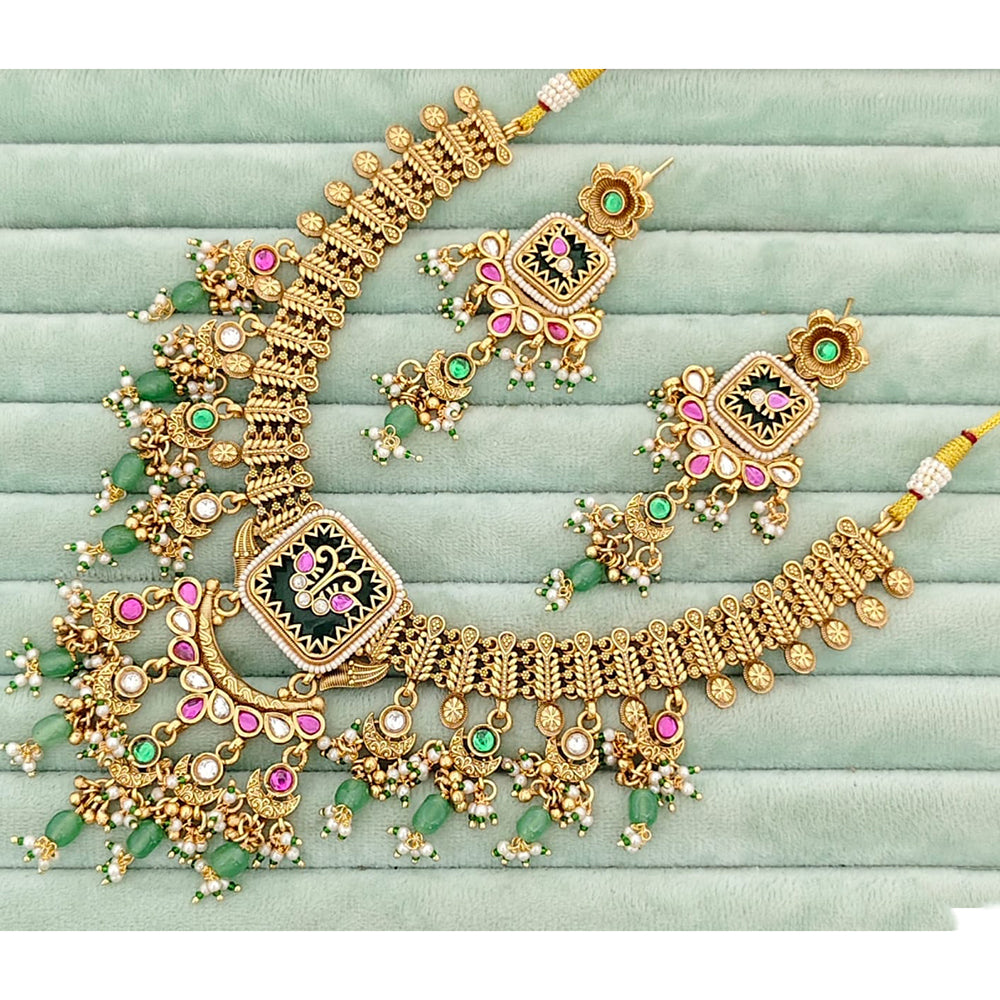 Rajwadi Collection Ethnic Elephant Motif Pota Stone And Pearl Necklace Set