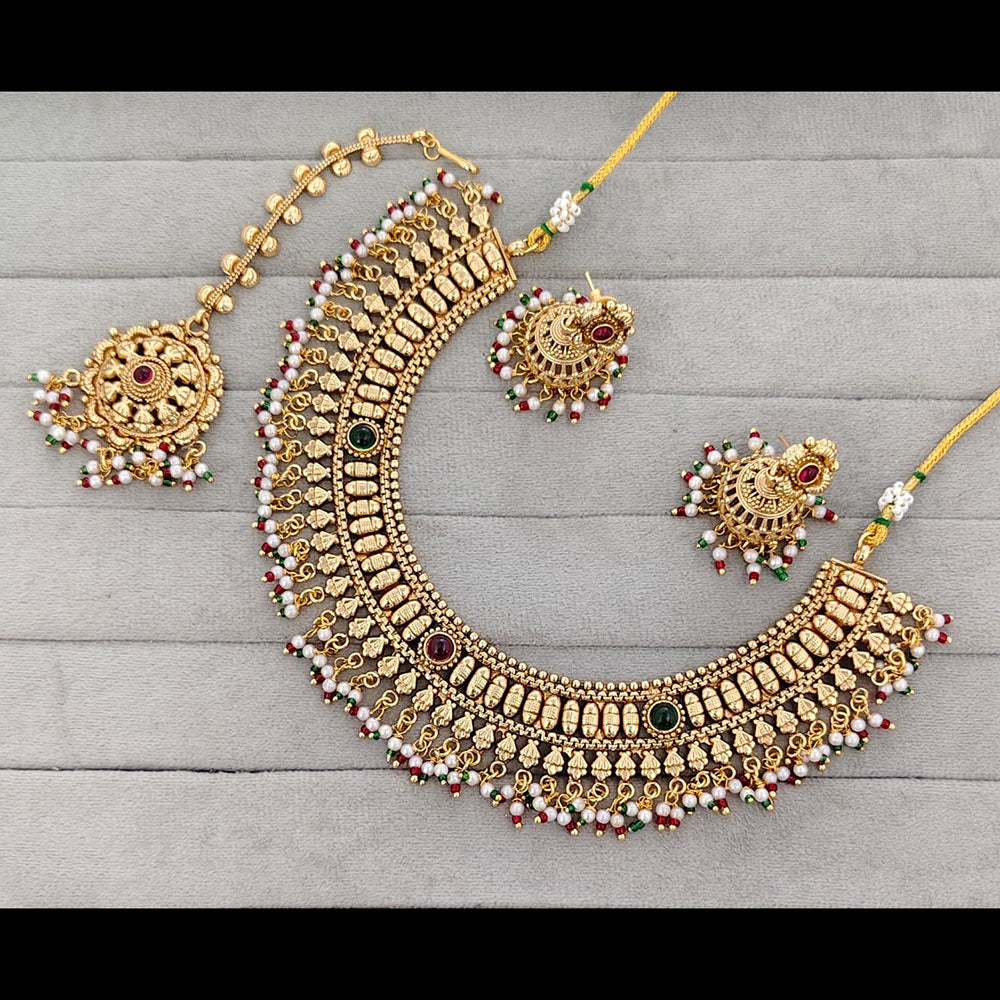 Rajwadi Collection Graceful Pota Stone And Pearl Necklace Set With Earrings