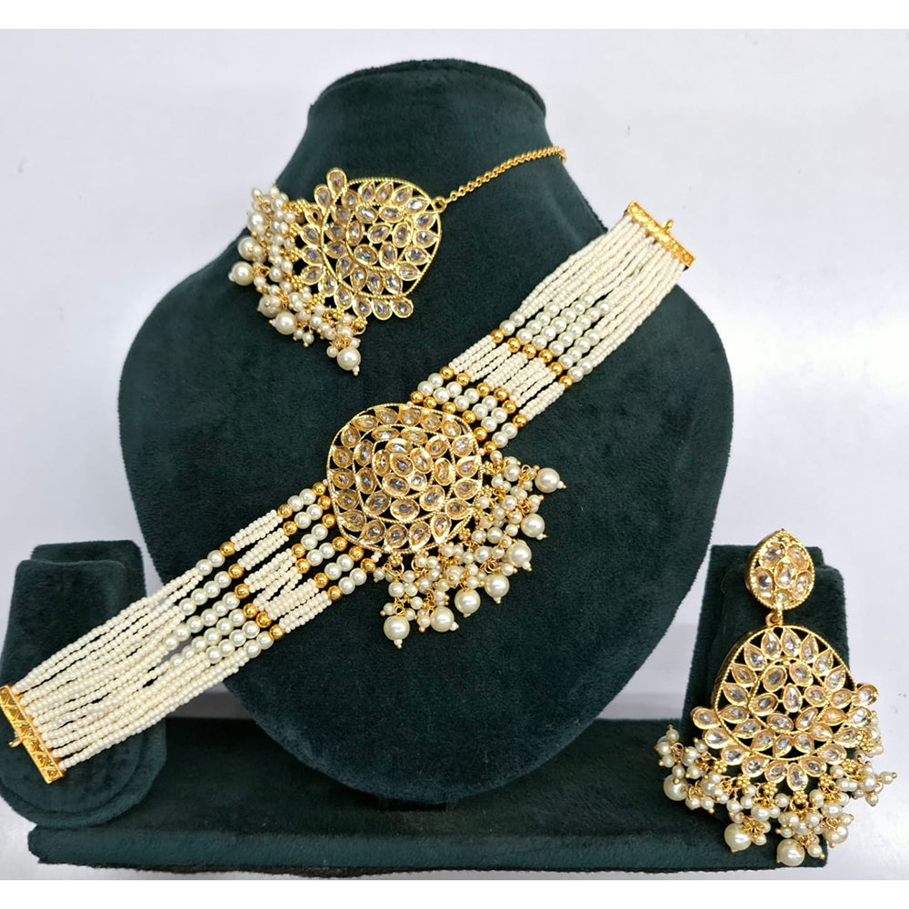 Rajwadi Collection Grand Crystal Stone Pearl And Beads Choker Necklace Set