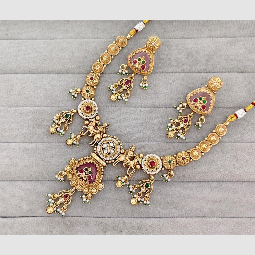 Rajwadi Collection Glam Pota Stone  And Pearl Traditional Temple Necklace Set