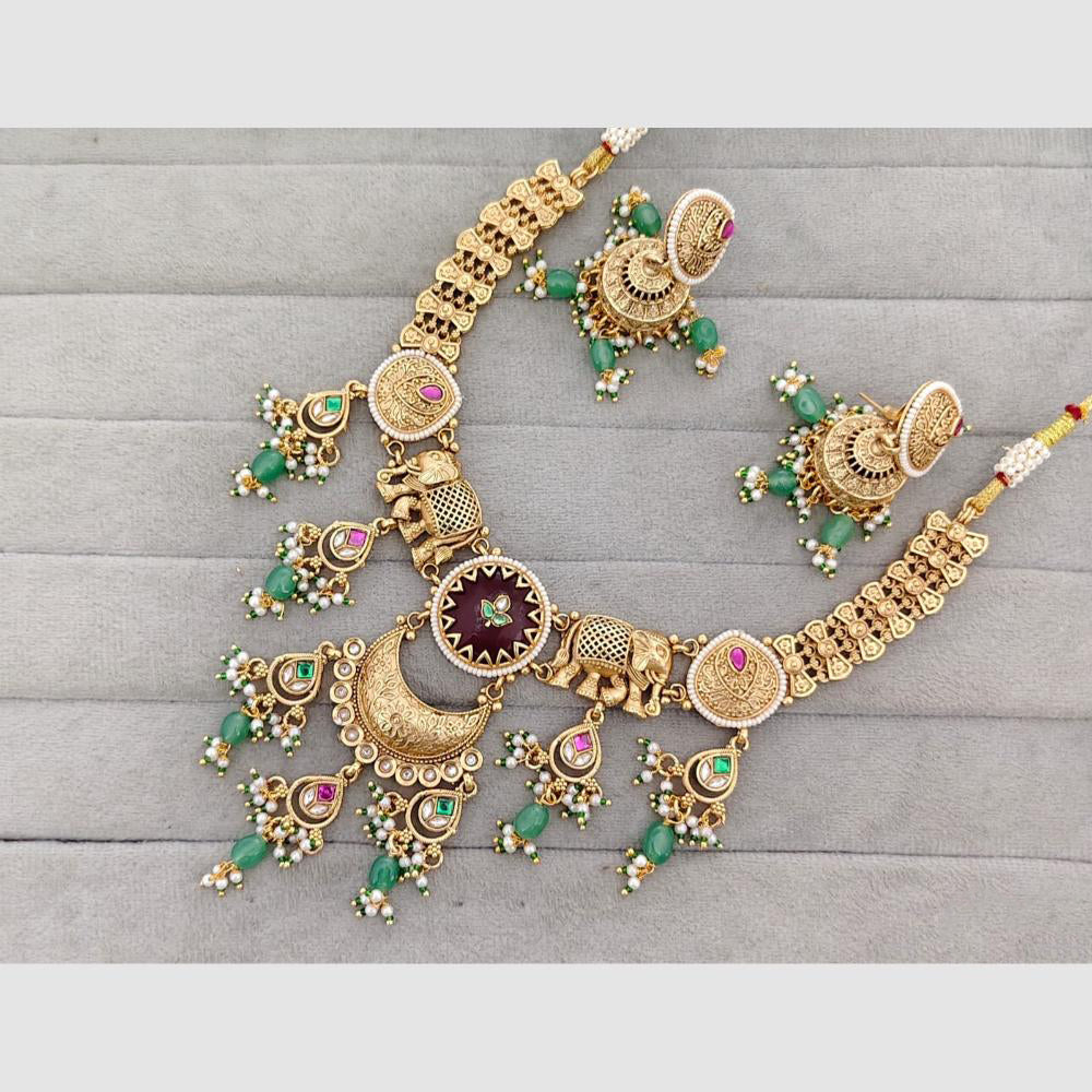 Rajwadi Collection Glam Pota Stone Beads And Pearl Elephent Design Necklace Set