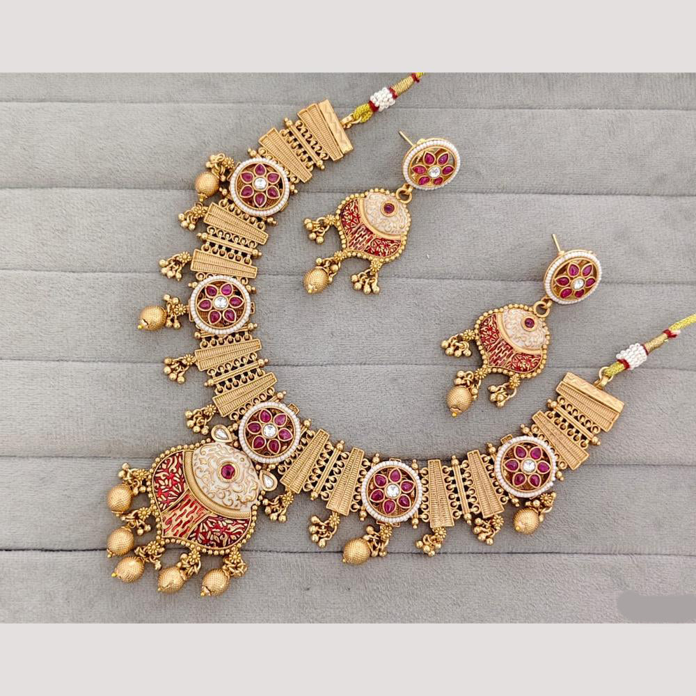 Rajwadi Collection Pota Stone & Meenakari Gold Plated Necklace Set