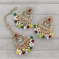 Rajwadi Collection Royal Crystal Stone And Pearl Designer Dangler Earrings With Maangtikka