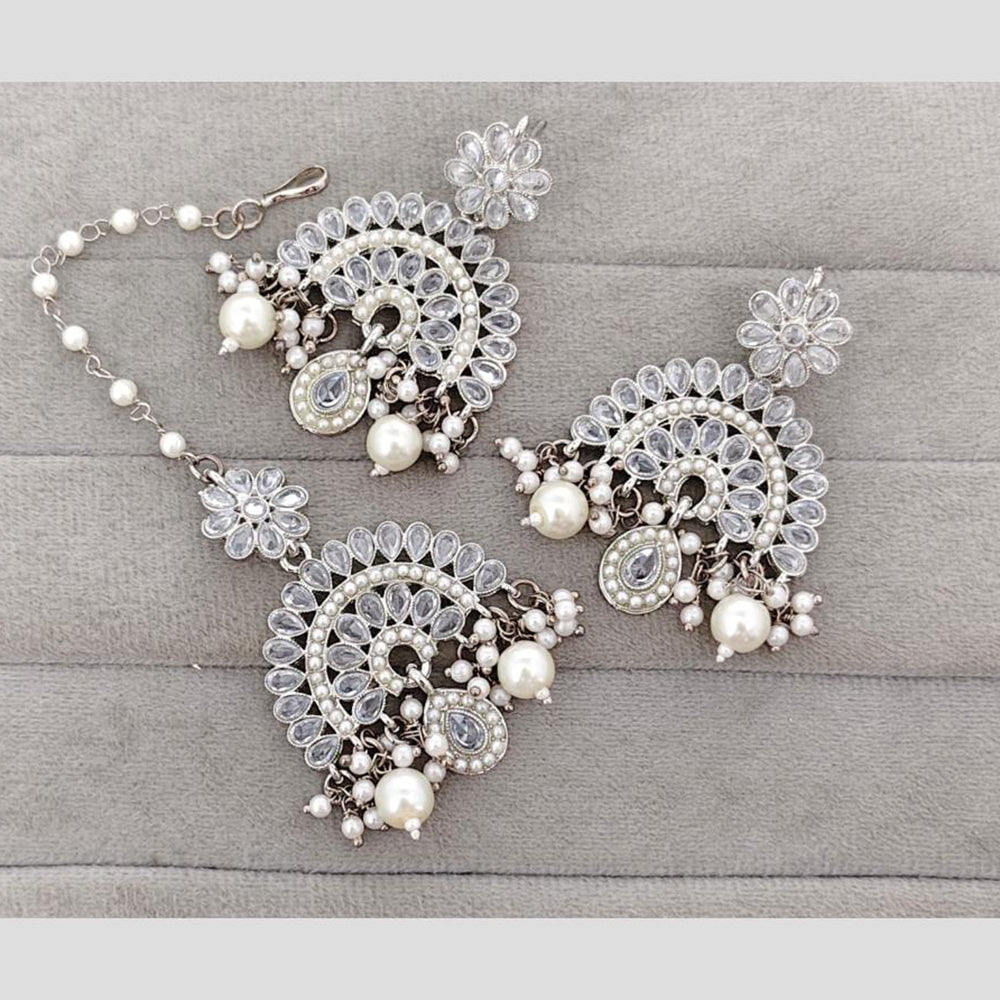 Rajwadi Collection Royal Crystal Stone And Pearl Designer Dangler Earrings With Maangtikka