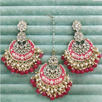Rajwadi Collection Elegant Kundan Stone and Pearl Meenakari Dangler Earrings With Maangtikka