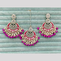 Rajwadi Collection Elegant Kundan Stone and Pearl Meenakari Dangler Earrings With Maangtikka